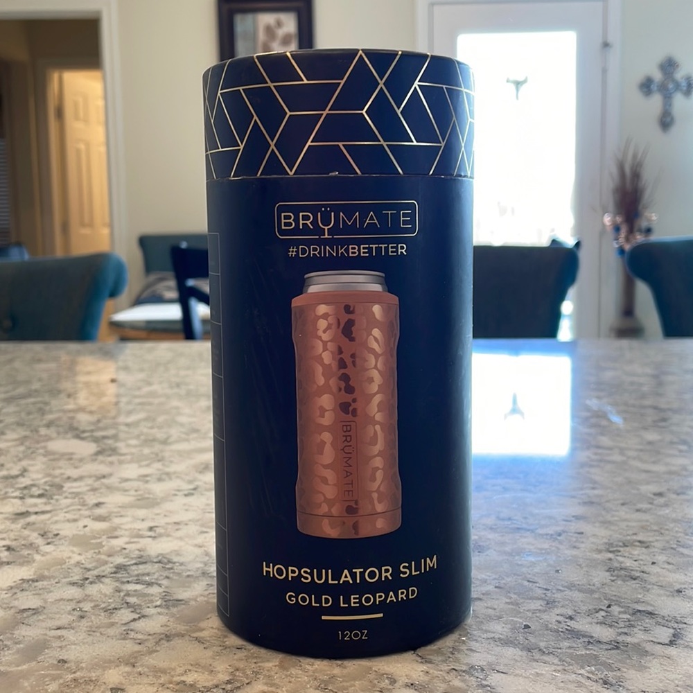 Brumate Hopsulator slim Gold Leopard 12 oz insulated bottle cooler